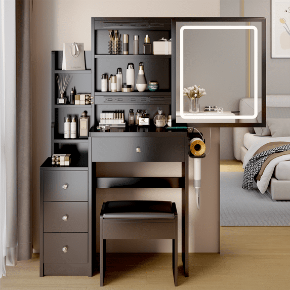 Small Space Makeup Vanity Table and Cushioned Stool, Vanity Desk with Storage Shelves, 2 AC+2 USB Power Station, Hair dryer bracket, Extra Large Touch Control Sliding LED Mirror, 3 Lighting Colors