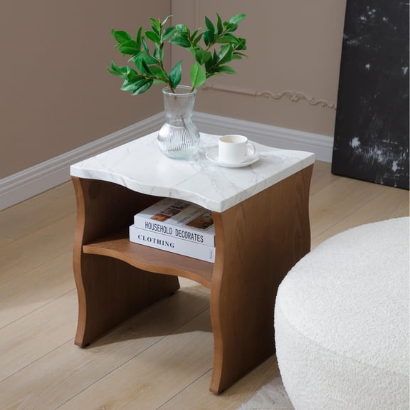 Small Space Nightstand with Storage Shelf, 17.72 Whisper of Waves Modern End Table, Faux Marble Top & Solid Wood Veneered Base, Walnut Brown Accent Side Table for Living Room, Bedroom