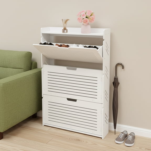 Small Space Shoe Cabinet, Shoe Storage Cabinet Narrow 3-Door Flip Louvered Organizer for Entryway Freestanding Shoe Rack (White)