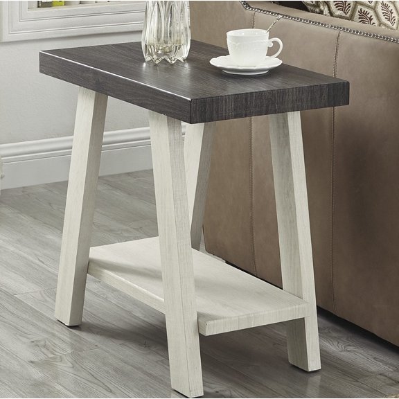 Small Space Side Table with Shelf for Living Room, 14W Weathered Charcoal and Beige Wood End Table