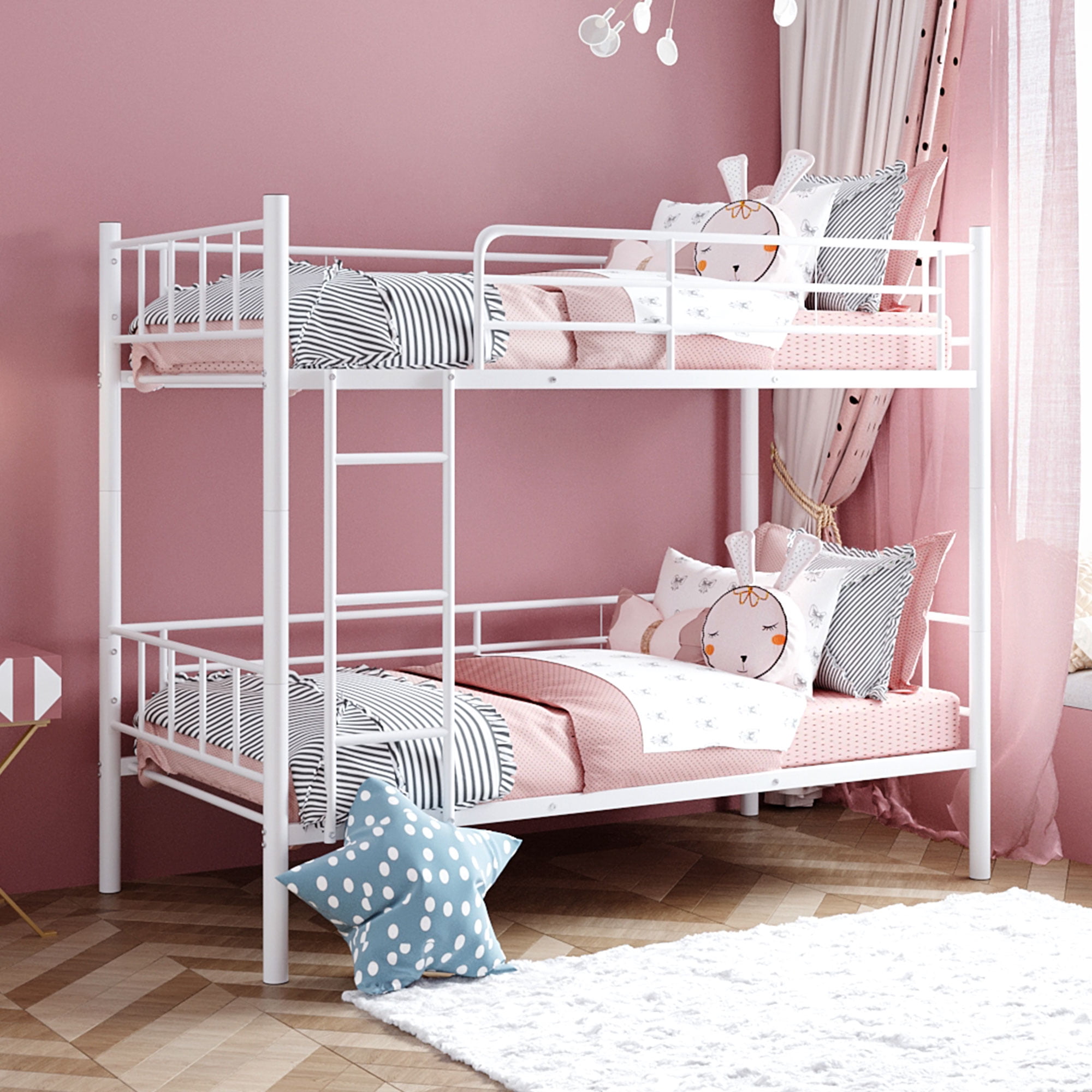 Small Space TwinOverTwin Bunk Bed with Removable Ladder, Junior Steel Frame Bed Twin Size