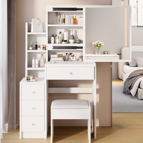 Small Space Vanity Table with Extra Large Mirror and Stool / Practical Design, Saves Time & Space