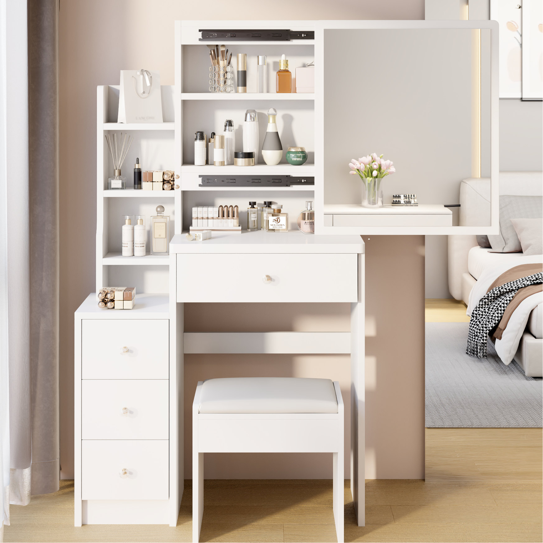 Small Space, White Vanity Table with Sliding Mirror and Stool