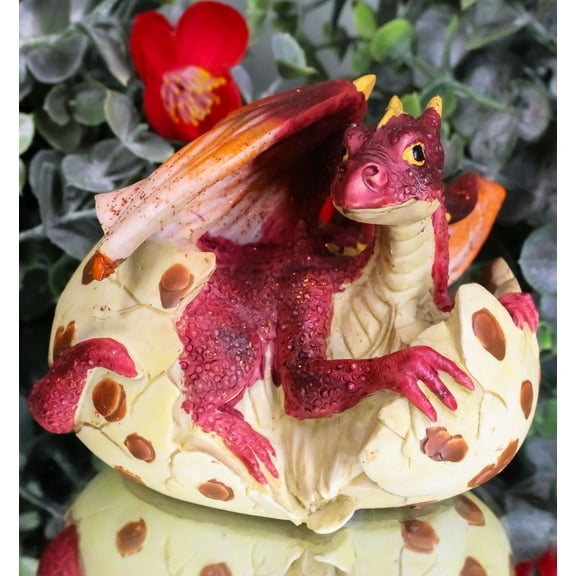 Small Sparkly Red Lava Whimsical Dragon Baby Emerging From Spotted Egg Figurine