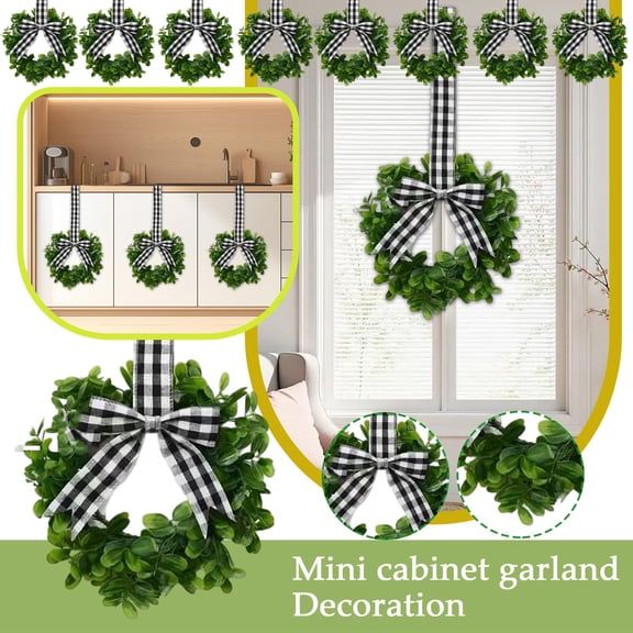 Small Spring Wreaths for Kitchen Cabinet 9" Mini Spring Artificial Boxwood Wreaths with Ribbon Bow Summer Party Decor for Front Door Window Wall Farmhouse Fireplace Hanging