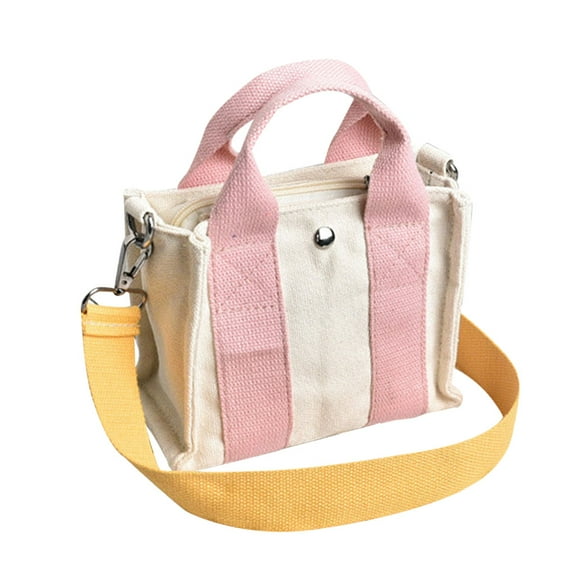 Small Square Canvas Bag Women Zipper Color Block Portable Travel Shoulder Crossbody Tote Pouch