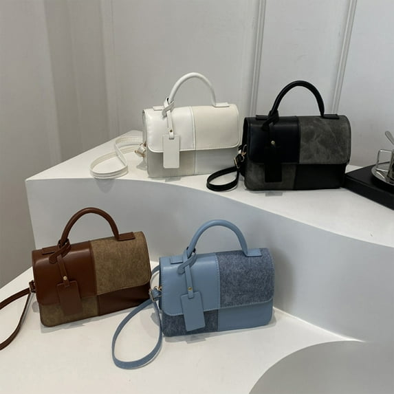Small Square Leather Handbag | Adjustable Strap | Crossbody Shoulder Bag for Women | Lightweight Commuter Purse | Multipocket Organizer | Black White Brown Blue | 20x14x7cm