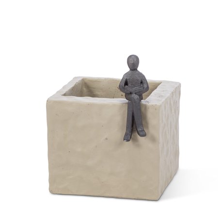 Abbott Collection 27-Reader-SM Small Square Planter with Figure, Taupe