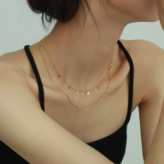 Small Square Sequins Double Layer Collarbone Chain Stacked Titanium Steel No Color Loss Premium Necklace for Women