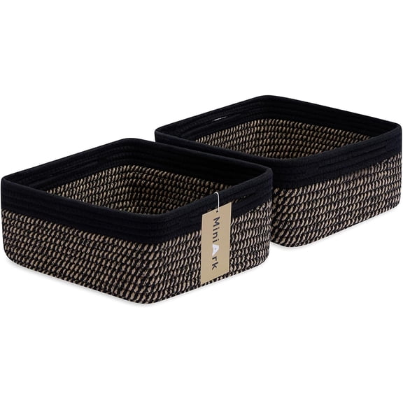 Small Square Shallow Baskets for Organizing, 9.7x9.7x4.3 Inch Rope Woven Storage Bins for Cubes Closet, Shelves Storage, Boho Decorative Basket, 2 Packs Black Brown