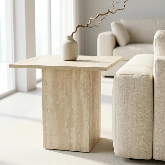 Small Square Side Table Faux Marble Wood Bedside Table 20" Modern End Table Natural Travertine Finish for Living Room, Reception Room, Home Office, Luxury Minimalist