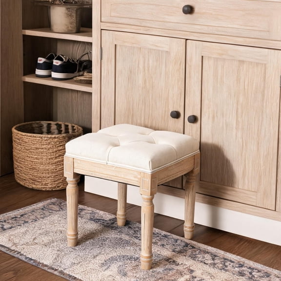 Small Square Upholstered Ottoman Bench, Neutral Beige Cotton Linen, Compact 15.75-Inch Seat