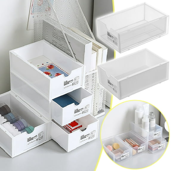 Small Stackable Desk Organizer with Clear Drawer, BPA-Free Shatterproof Desktop Storage Box for Office, Home, Bathroom & Makeup (White/Clear)