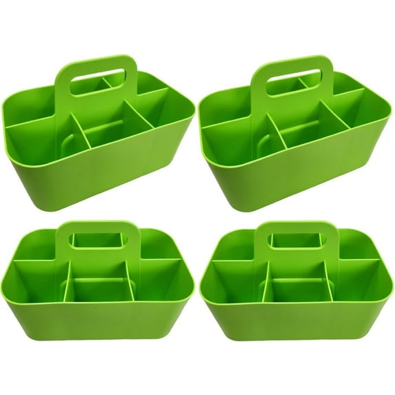 Small Stackable Plastic Caddy with Handle 6 Compartment | Desk, Makeup, Dorm Caddy, Classroom Art Organizers - 4 Pack, Made In USA (Green)