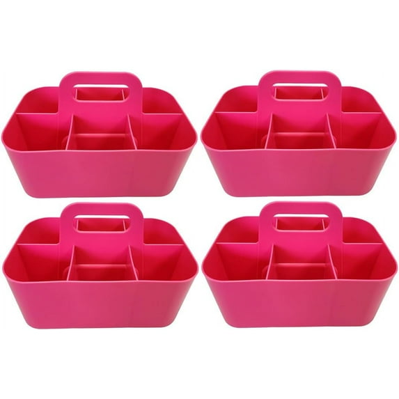 Small Stackable Plastic Caddy with Handle 6 Compartment | Desk, Makeup, Dorm Caddy, Classroom Art Organizers - 4 Pack, Made In USA (Hot Pink)