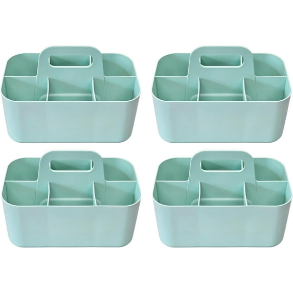 Small Stackable Plastic Caddy with Handle 6 Compartment | Desk, Makeup, Dorm Caddy, Classroom Art Organizers - 4 Pack, Made In USA (Mint)