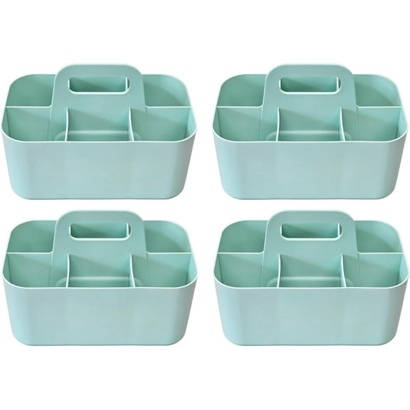 Small Stackable Plastic Caddy with Handle 6 Compartment | Desk, Makeup, Dorm Caddy, Classroom Art Organizers - 4 Pack, Made In USA (Mint)