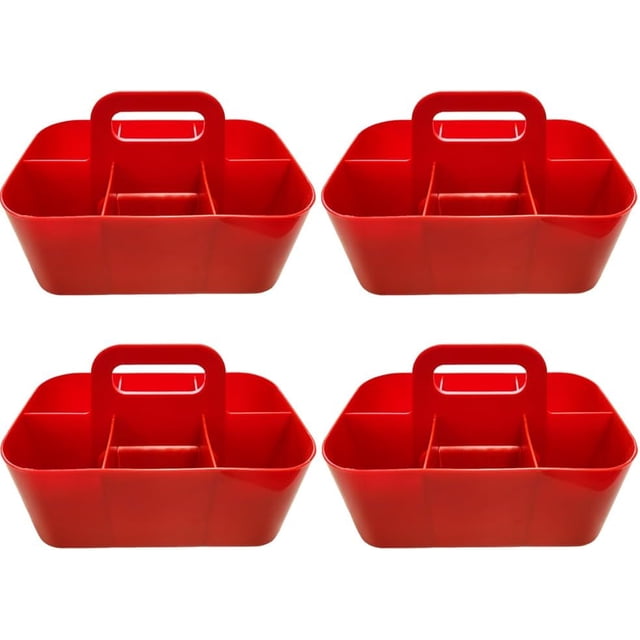Small Stackable Plastic Caddy with Handle 6 Compartment | Desk, Makeup, Dorm Caddy, Classroom Art Organizers - 4 Pack, Made In USA (Red)