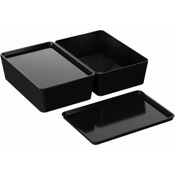 Small Stackable Plastic Storage Bins with Lids for Home Office, Black, 2-Pack