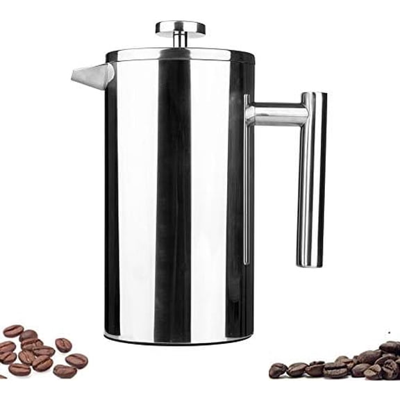 Small Stainless Steel French Press, 12oz Dual-Filter Coffee Plunger Pot Brewer and Maker for Individual Serving, Silver