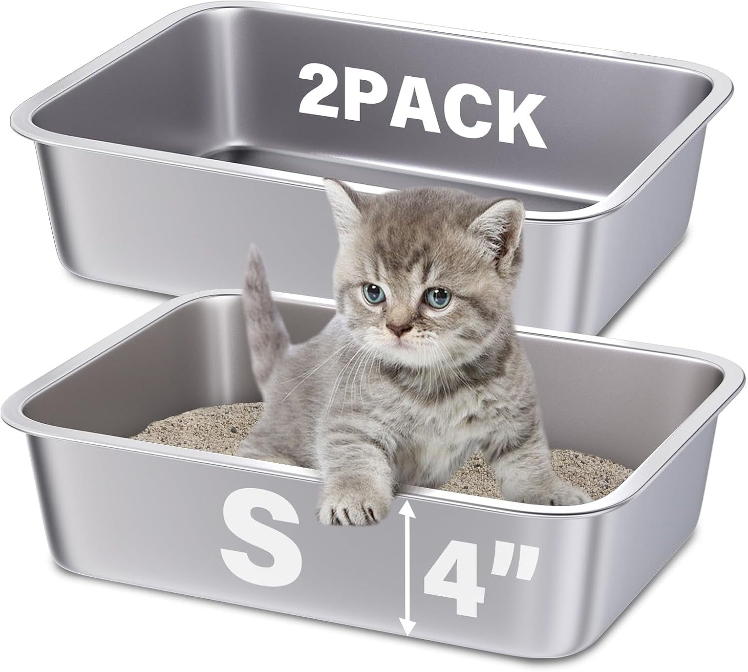 Small Stainless Steel Litter Box 2 Pack,15.7"x11.8"x4" Small Litter Box