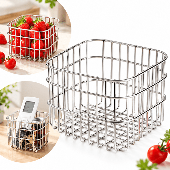 Stainless Steel Wire Storage Basket, Compact Square Countertop Organizer for Fruit, Utensils & Small Items, Silver, 4.33 x 4.33 x 3.94 in