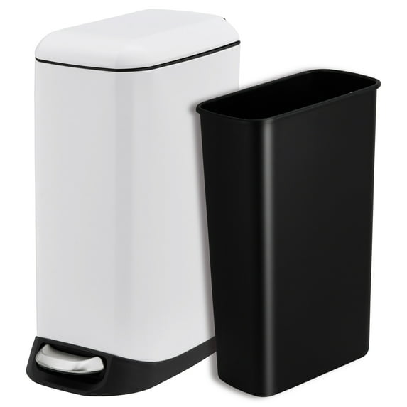 Small Stainless Steel Trash Can 3.2 Gal/12L, Space-Saving Rectangular Bathroom Garbage Bin with Soft Close Lid, Step-On Pedal, Removable Inner Bucket, Fingerprint Resistant, for Office, Kitchen