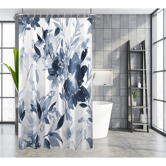 Small Stall 36"x72" Aqua Blue Botanical Floral Shower Curtain Set with Hooks Watercolor Ink Print Art Bathroom Curtain Modern Abstract Waterproof Bath Curtain Washable for Bathroom Decor