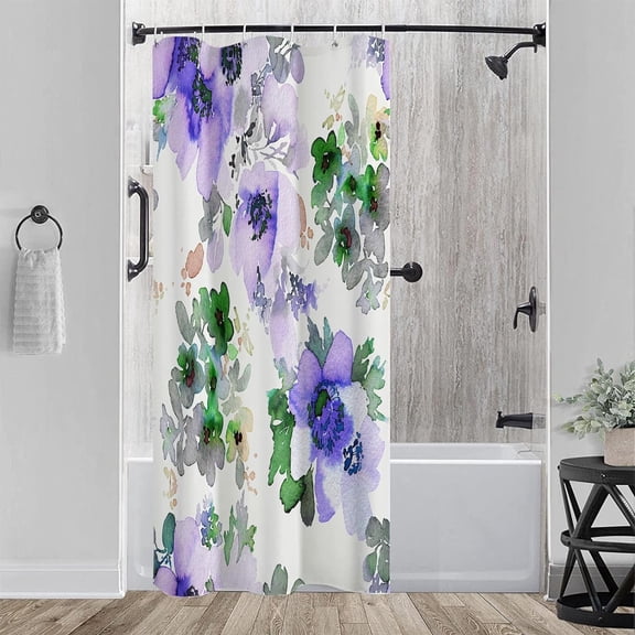 Small Stall 36"x72" Purple and Teal Floral Shower Curtain Set with Hooks,Watercolor Gentle Colors Flowers Bathroom Curtain, Modern Minimalist Waterproof Bath Curtain for Bathroom Decor