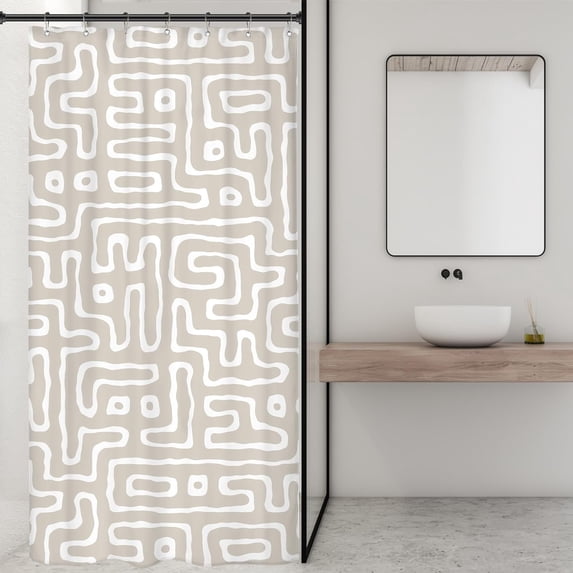 Small Stall Abstract Beige White Shower Curtain Boho Modern Minimalist Geometric Simple Art Line Trendy Neutral 36Wx72H Inch Aesthetic Fabric Decor Bathroom Polyester Waterproof 7 Pack Hooks