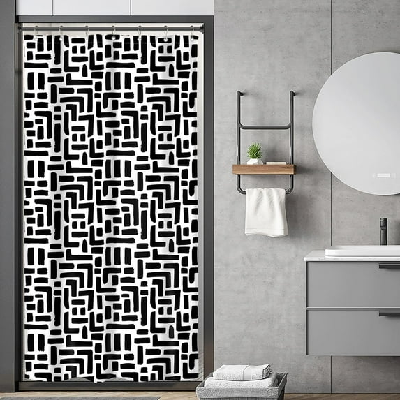Small Stall Abstract Black White Shower Curtain Boho Bohemian Modern Rv Minimalist Geometric 36Wx72H Inch Simple Line Neutral Fabric Decor Bathroom Polyester Waterproof 7 Pack Hooks