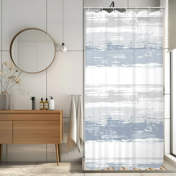 Small Stall Abstract Blue Grey Striped Shower Curtain for Bathroom Decor 36Wx72H Inches Modern Single Half RV Aesthetic Minimalist Geometric Neutral Fabric Waterproof Polyester 7 Pack Hooks