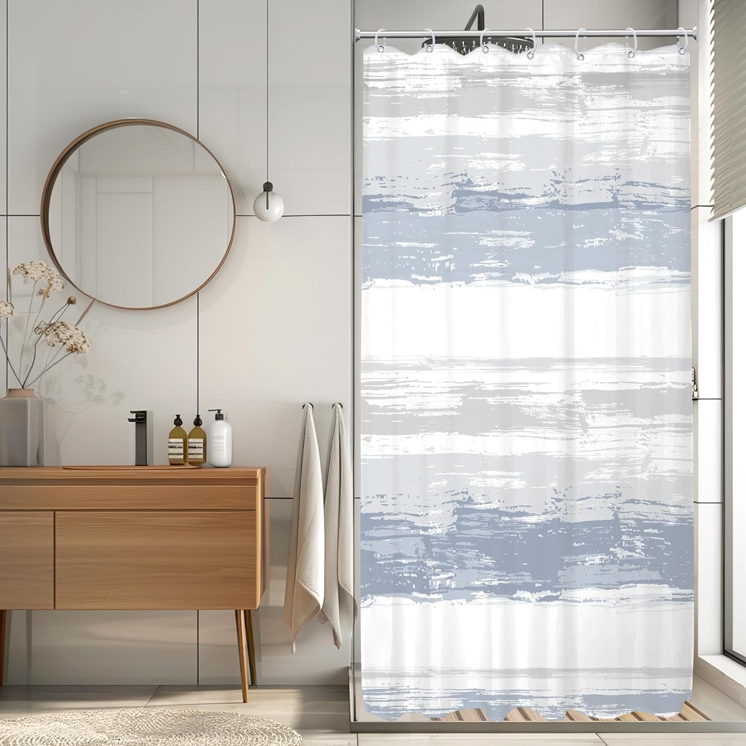 Small Stall Abstract Blue Grey Striped Shower Curtain for Bathroom Decor 36Wx72H Inches Modern Single Half RV Aesthetic Minimalist Geometric Neutral Fabric Waterproof Polyester 7 Pack Hooks