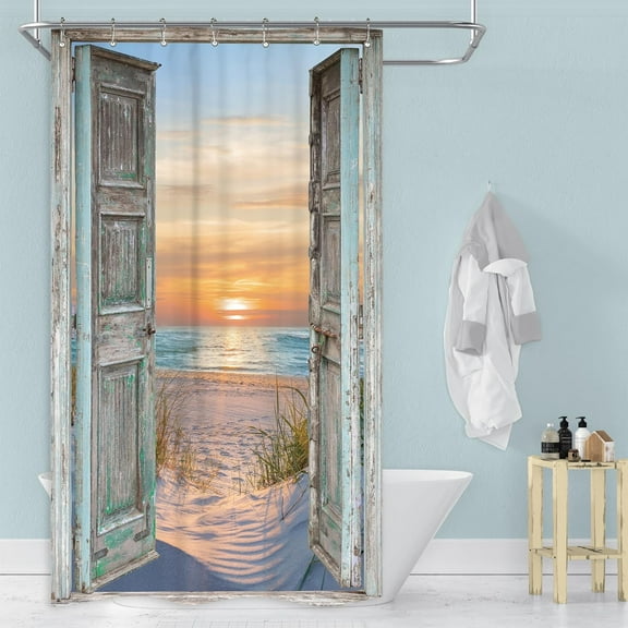 Small Stall Beach Barn Door Shower Curtain 36Wx72H Inch Hawaiian Sea Sunset Coastal Scenery Rustic Teal Wood Island Seaside Landscape Bathroom Decor Fabric Polyester Waterproof 7 Pack Hooks