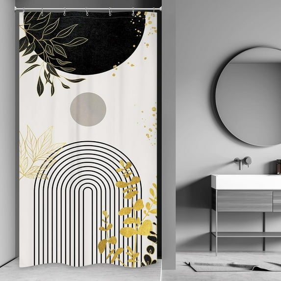 Small Stall Black Gold Boho Shower Curtain for Bathroom Decor 36Wx72H Mid Century Modern Abstract Gold Leaves Minimalist Geometric Art Printed Fabric Polyester Waterproof 7 Pack Plastic Hook