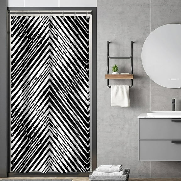 Small Stall Black White Chevron Shower Curtain Half Size Rv Camper Narrow 36Wx72H Inch Boho Geometric Simple Striped Herringbone Fabric Decor Bathroom Polyester Waterproof 7 Pack Hooks