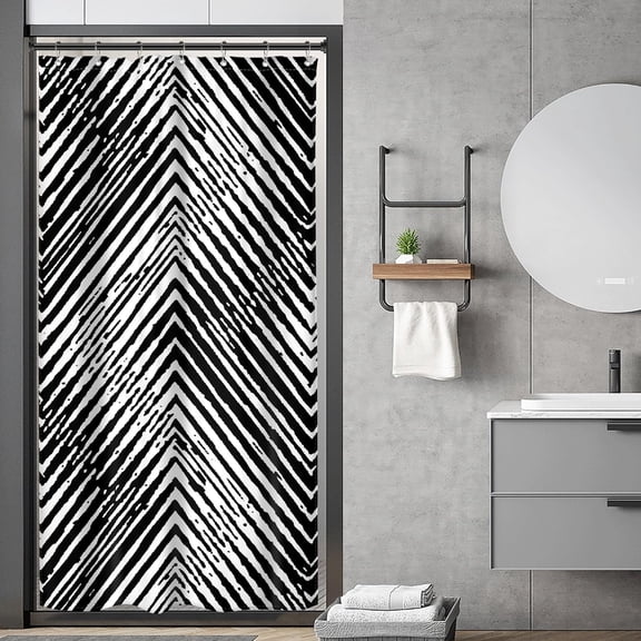 Small Stall Black White Chevron Shower Curtain Half Size Rv Camper Narrow 36Wx72H Inch Boho Geometric Simple Striped Herringbone Fabric Decor Bathroom Polyester Waterproof 7 Pack Hooks