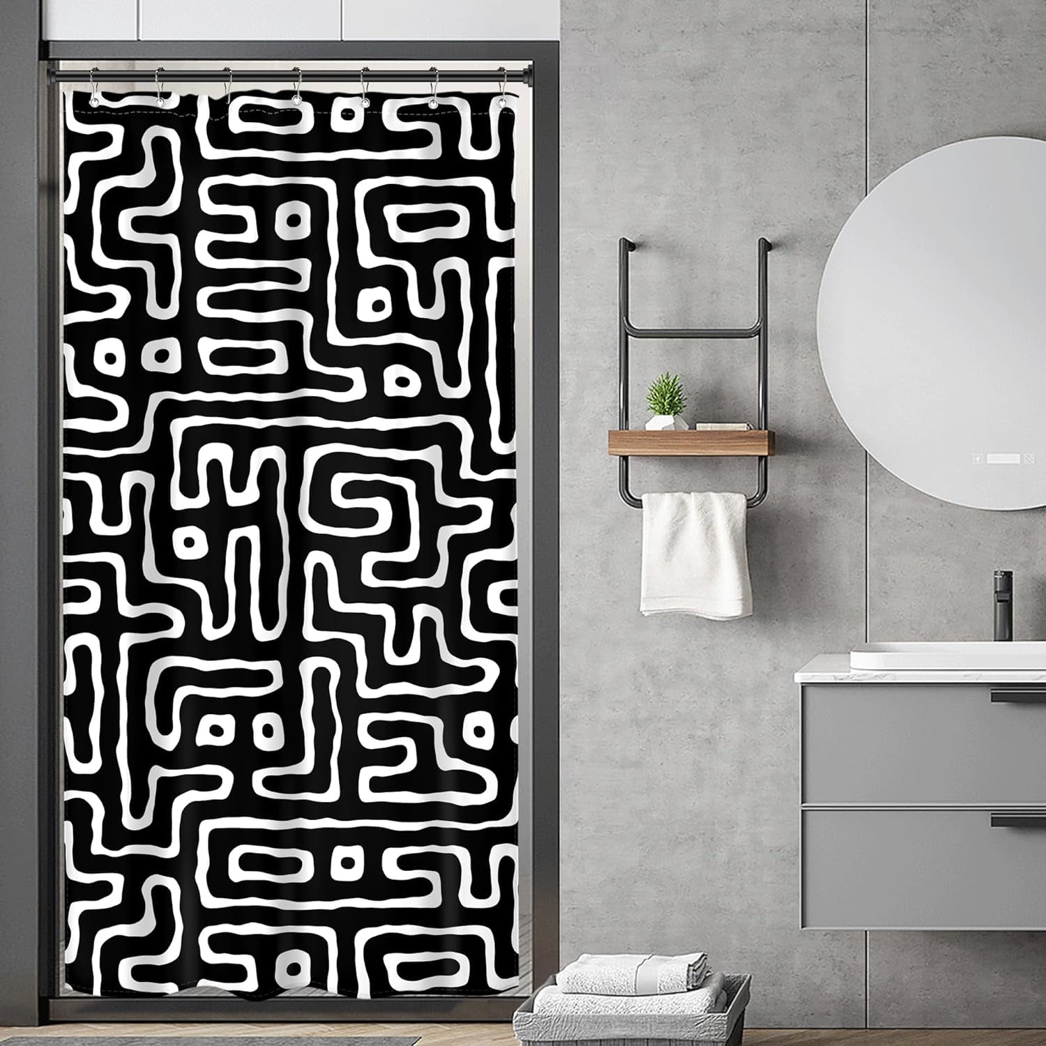 Small Stall Black White Shower Curtain Abstract Geometric Art Lines