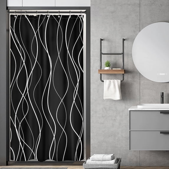 Small Stall Black and White Striped Shower Curtain Single Single Half RV Narrow Abstract Modern Simple Minimalist Neutral 36Wx72H Inch Fabric Decor Bathroom Polyester Waterproof 7 Pack Hooks