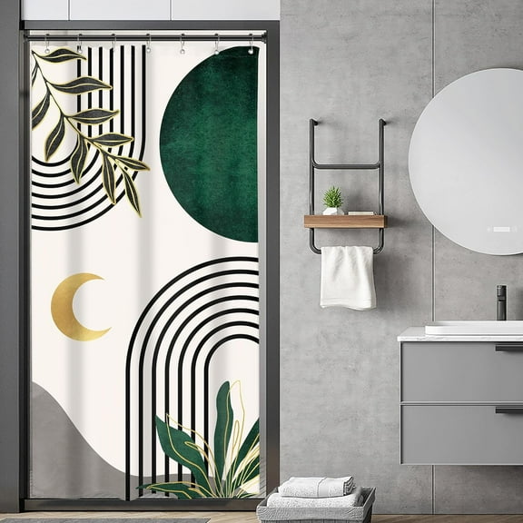 Small Stall Bohemian Mid Century Shower Curtain Abstract Simple Arch Leaves 36Wx72H Inch Rv Narrow Modern Contemporary Moon Green Gold Fabric Decor Bathroom Polyester Waterproof 7 Pack Hooks