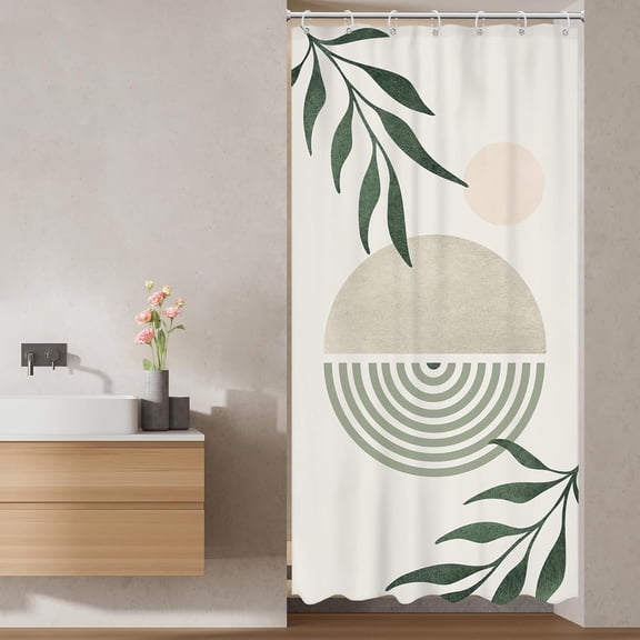Small Stall Boho Mid Century Shower Curtain RV Modern Sage Green Grey Leaves Arch Sun Minimalist 36Wx72L Inch Shower Curtain Bathroom Set Neutral Bath Curtain Bathtub Accessories Home Decor
