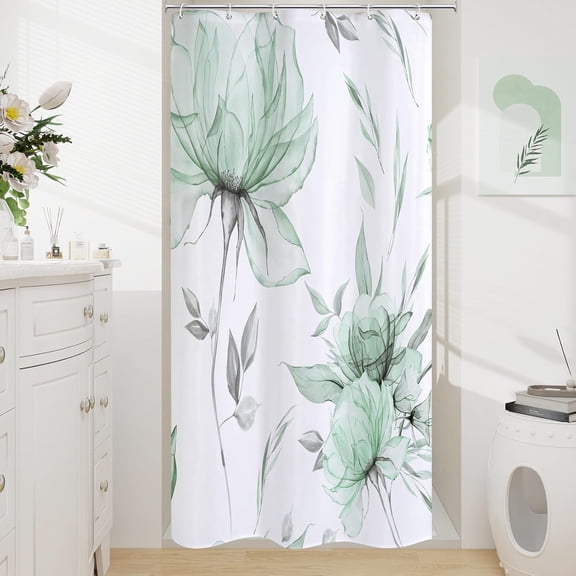 Small Stall Boho Watercolor Floral Shower Curtain 36 x 72, Green and Grey Ink Painting Style Flower Shower Curtains for Chic Elegant Bathroom, Artistic Narrow Half Size Shower Curtain