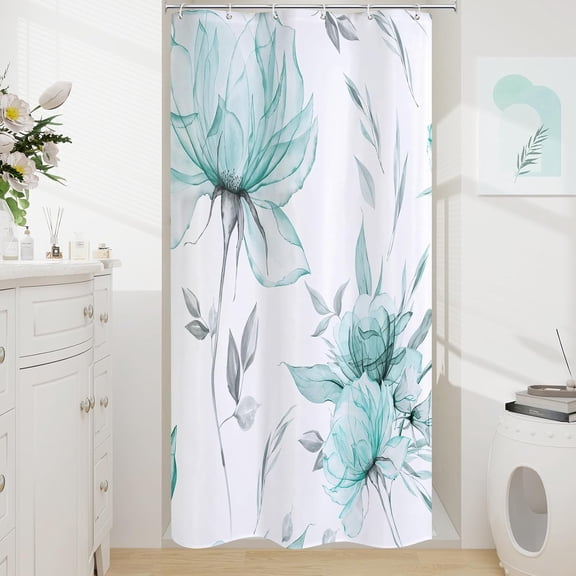Small Stall Boho Watercolor Floral Shower Curtain 36 x 72, Teal Blue and Grey Ink Painting Style Flower Shower Curtains for Chic Elegant Bathroom, Artistic Narrow Half Size Shower Curtain