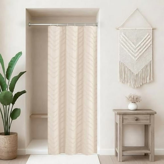 Small Stall Cream Boho Fabric Shower Curtain, 36x72 Half Size, Textured Tufted Chevron Striped Minimalist Cloth Bathroom Shower
