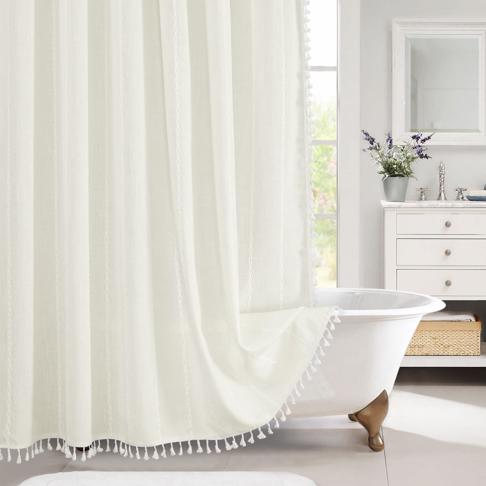 Small Stall Fabric Shower Curtain 36 x 72, White Half Size Narrow Cotton Linen Tassel Cloth Shower Curtains for Chic Modern Farmhouse Country Bathroom Decor