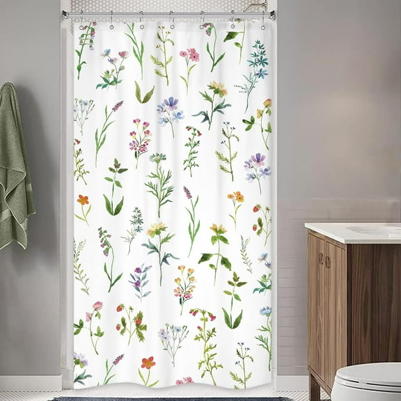 Small Stall Floral Shower Curtain 36Wx72H Inch Half Rv Wildflower Rustic Botanical Plant Herbs Watercolor Flower Spring Season Decor Bathroom Fabric 7 Pack Plastic Shower Hooks Included