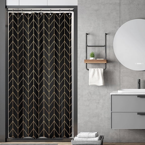 Small Stall Golden Black Chevron Shower Curtain Abstract Boho Herringbone Geometric Simple Striped Minimalist Modern 36Wx72H Inch Man Fabric Decor Bathroom Polyester Waterproof 7 Pack Hooks