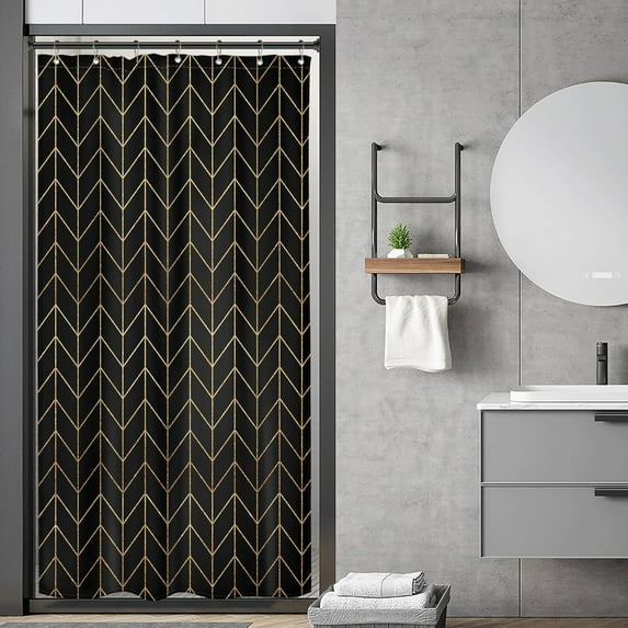 Small Stall Golden Black Chevron Shower Curtain Abstract Boho Herringbone Geometric Simple Striped Minimalist Modern 36Wx72H Inch Man Fabric Decor Bathroom Polyester Waterproof 7 Pack Hooks