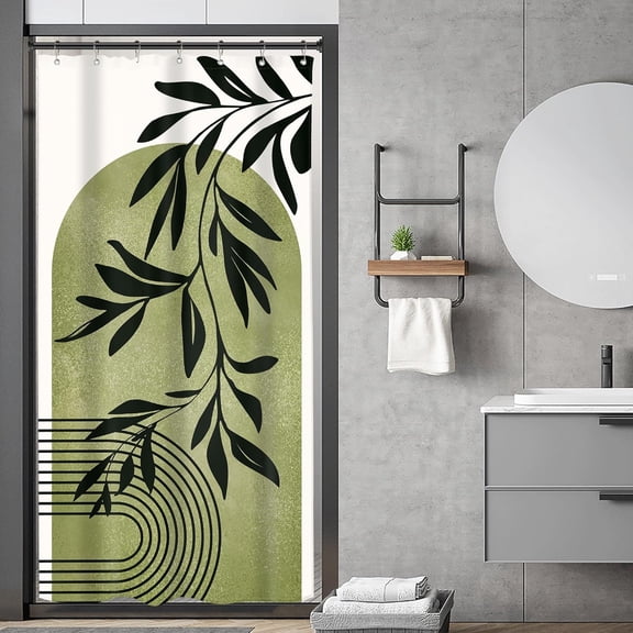 Small Stall Green Mid Century Arch Shower Curtain Boho Bohemian Leaf Modern Neutral Rv Narrow Half Size 36Wx72H Inch Simple Minimalist Fabric Decor Bathroom Polyester Waterproof Hooks