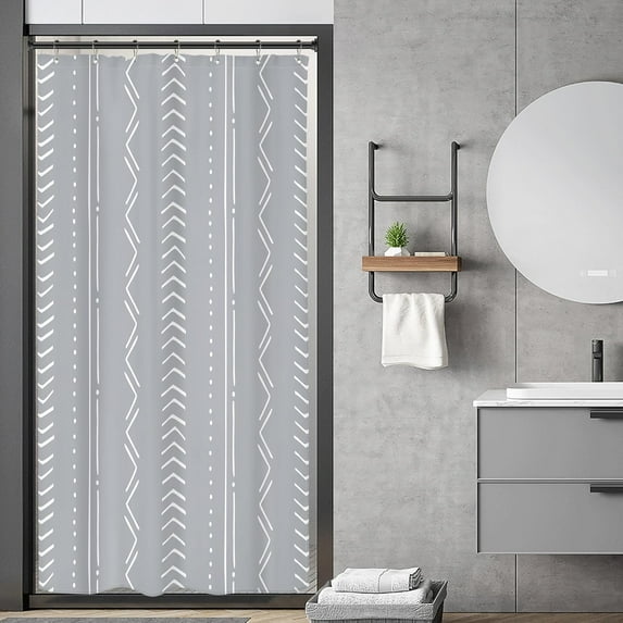 Small Stall Grey White Shower Curtain Boho Bohemian Chevron Striped Herringbone 36Wx72H Inch Single Narrow Tiny Rv Stand Up Geometric Fabric Decor Bathroom Polyester Waterproof 7 Pack Hooks
